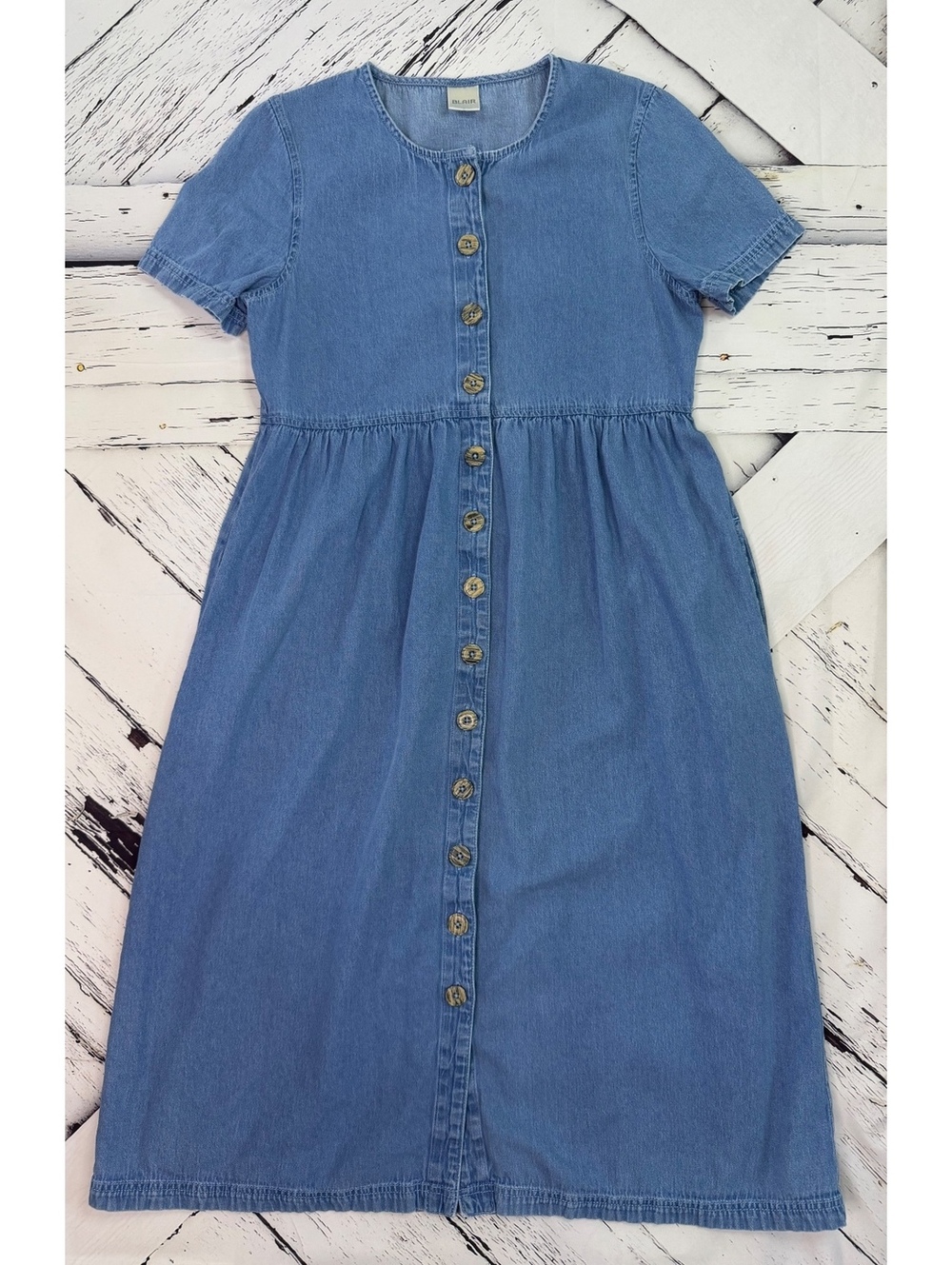 Blair Cottagecore Boho Denim Cotton Smock Button Front Midi Dress Women’s Small